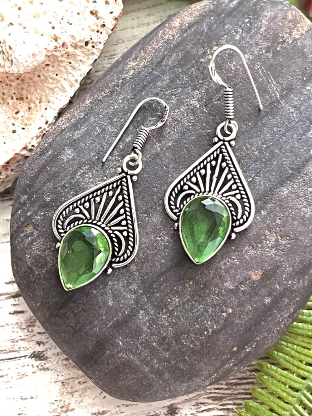 Teardrop Green Peridot Sterling Silver 1.8” Dangle Earrings - Picture 4 of 5